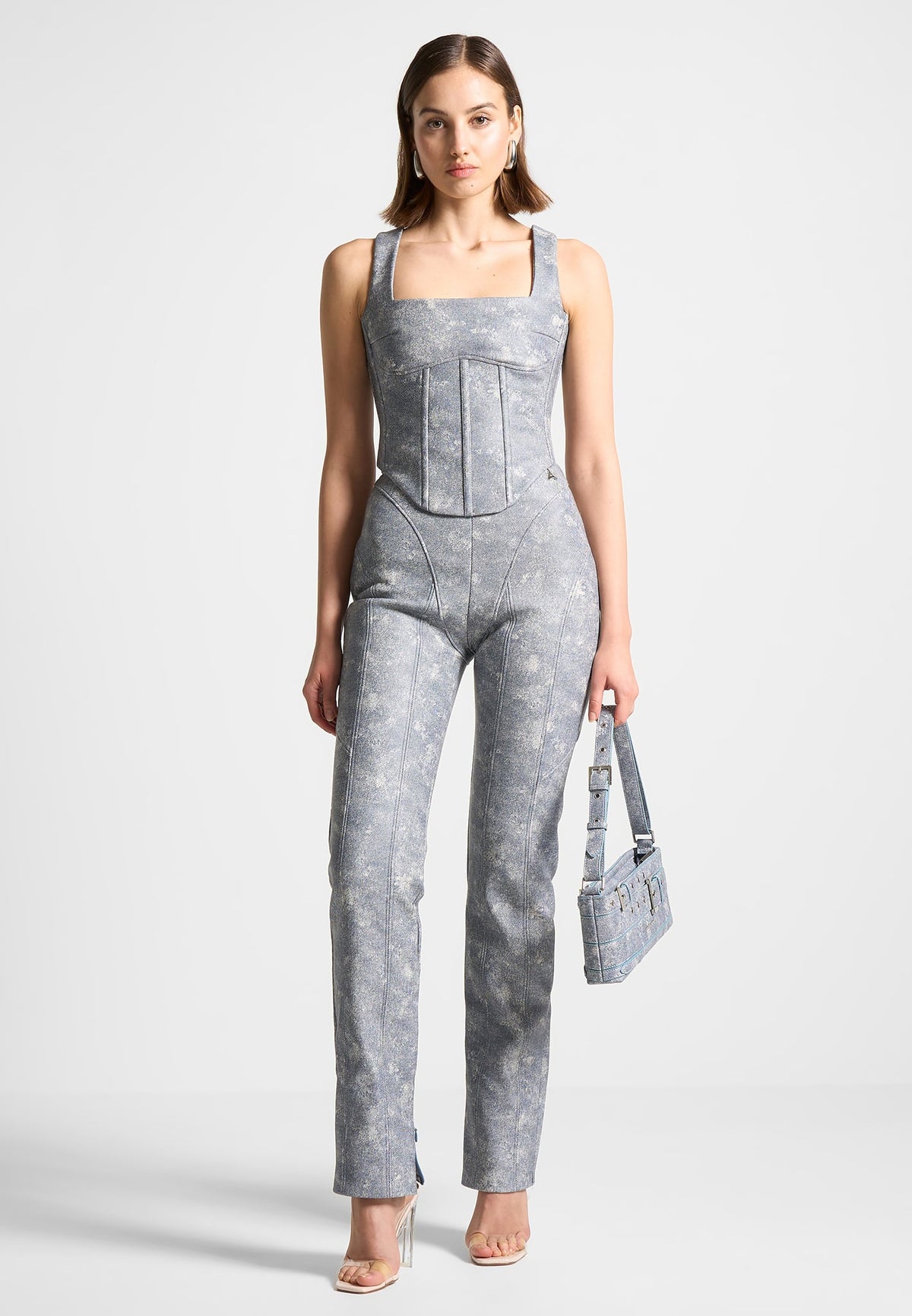 Leather Denim Effect Corset Top - Blue