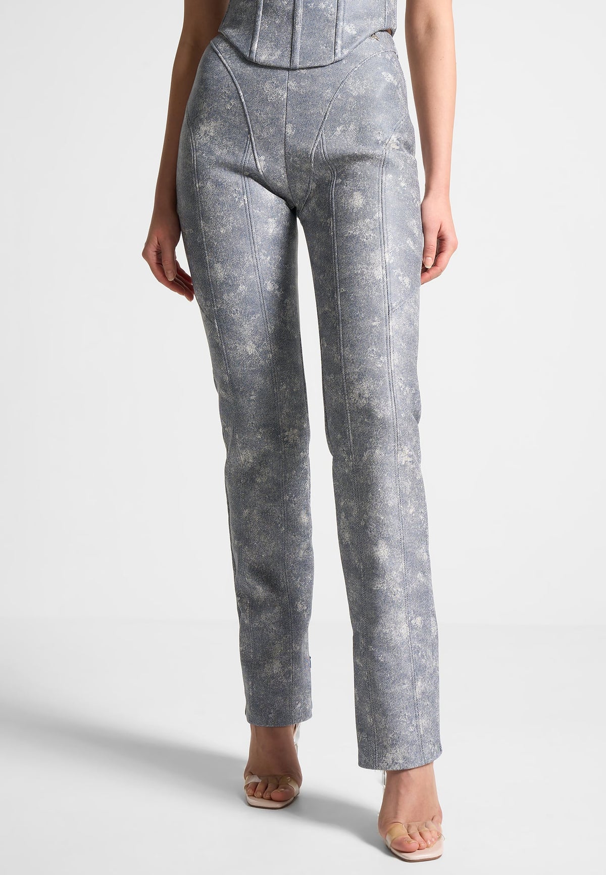 Leather Denim Effect Straight Leg Pants - Blue