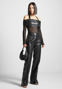 Leather Pintuck Popper Pants - Black