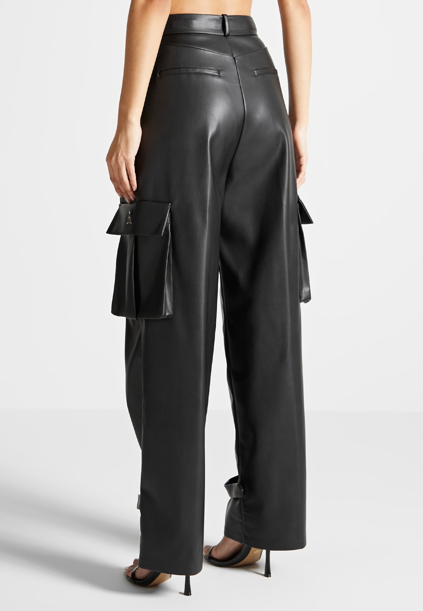 vegan-leather-pleated-cargo-trousers-black