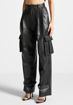 vegan-leather-pleated-cargo-trousers-black