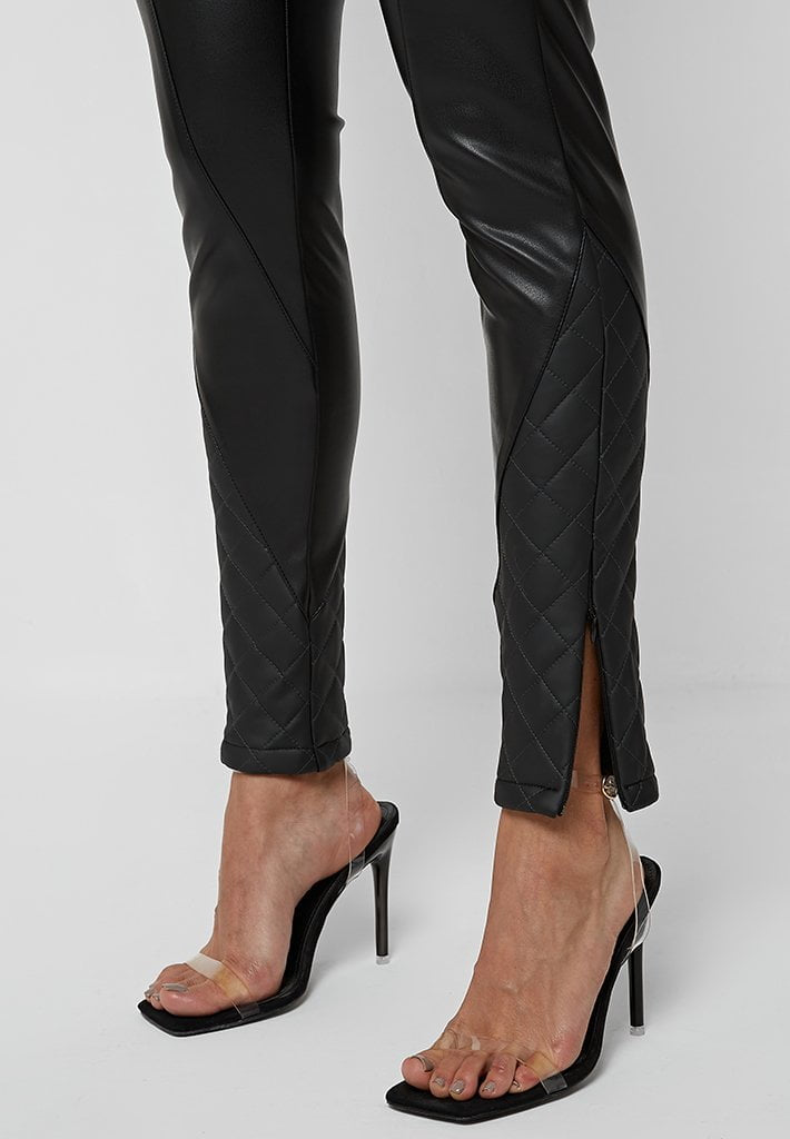 Split Vegan Leather Leggings - Black