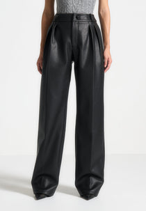 Olivia - Pebbled Leather Pleated Stacked Pants - Black