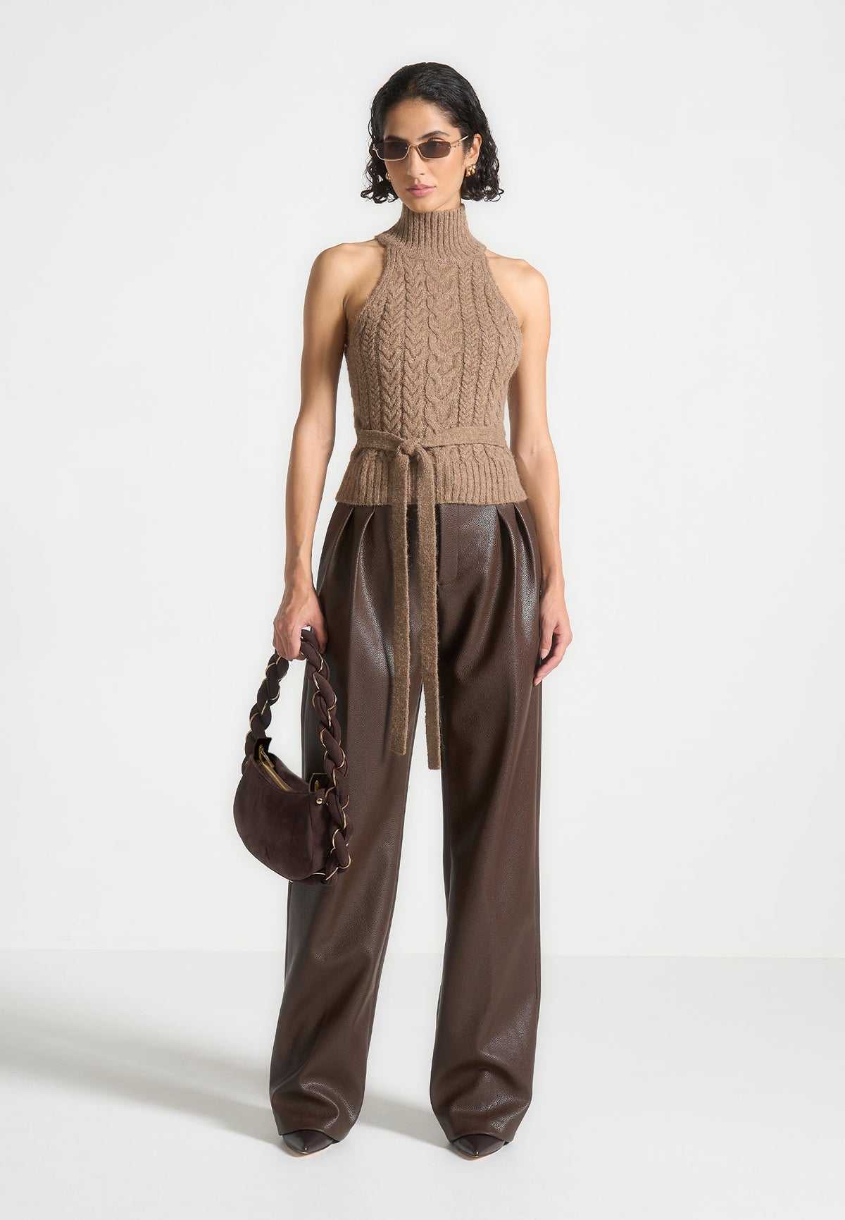 Olivia - Pebbled Leather Pleated Stacked Pants - Brown