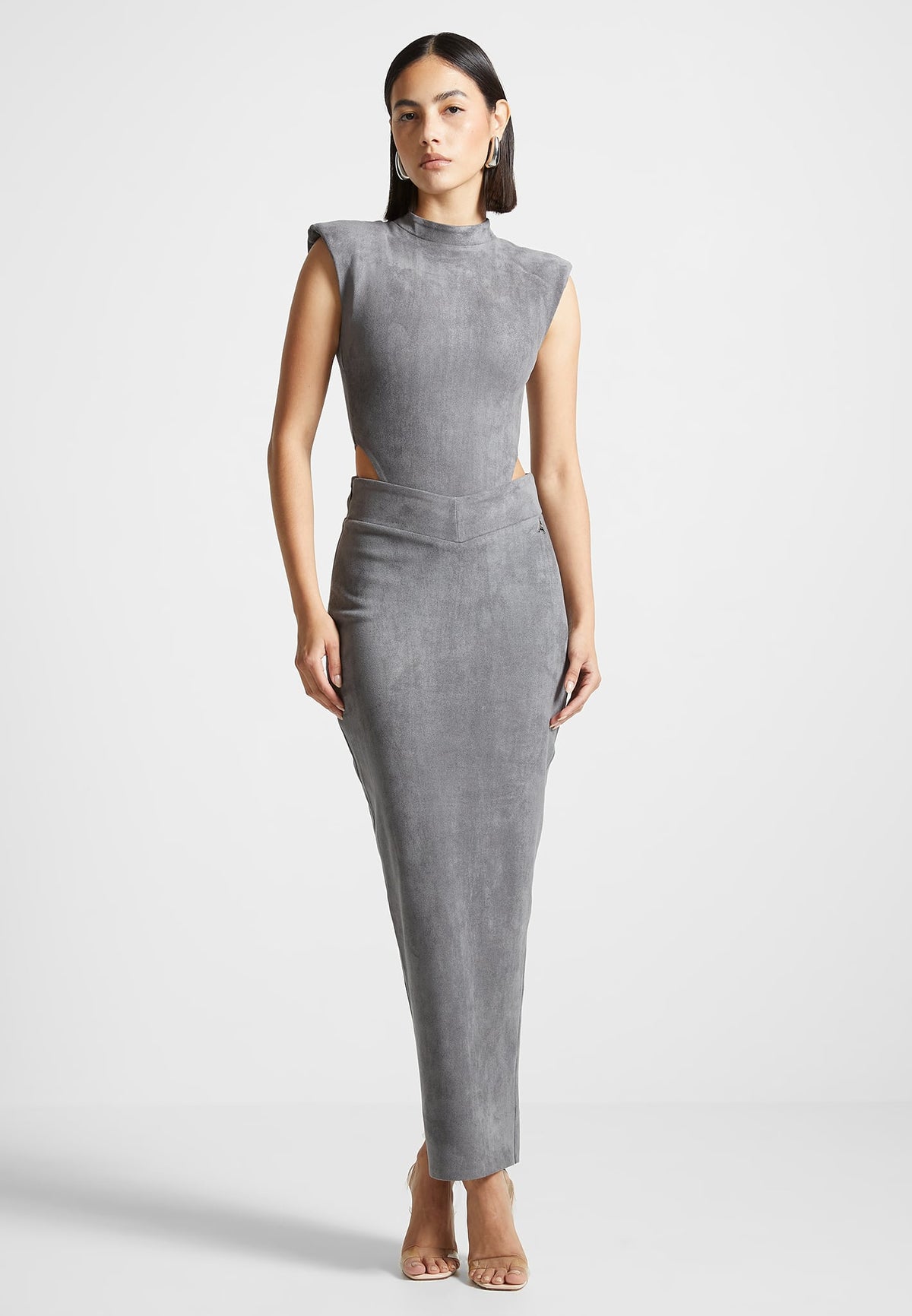 Suede Wide Shoulder High Leg Bodysuit - Light Grey