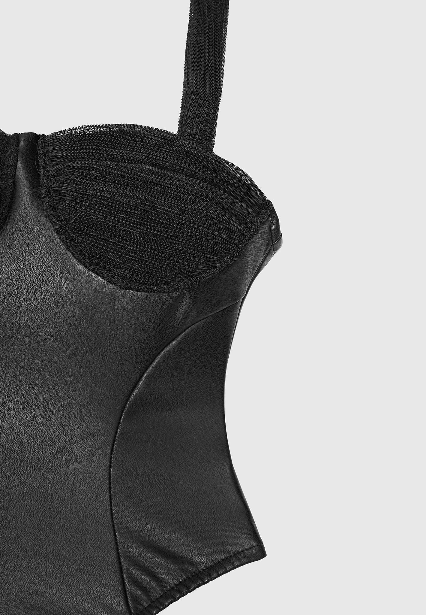 Vegan Leather Mesh Contour Bodysuit - Black
