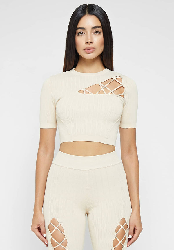 Knitted Lace Up Top - Beige