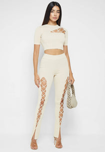 Knitted Lace Up Leggings - Beige