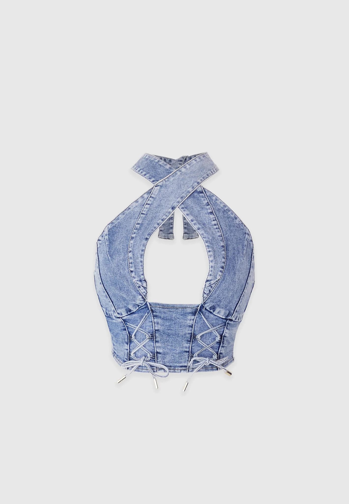 Crossover Strap Denim Top In Blue