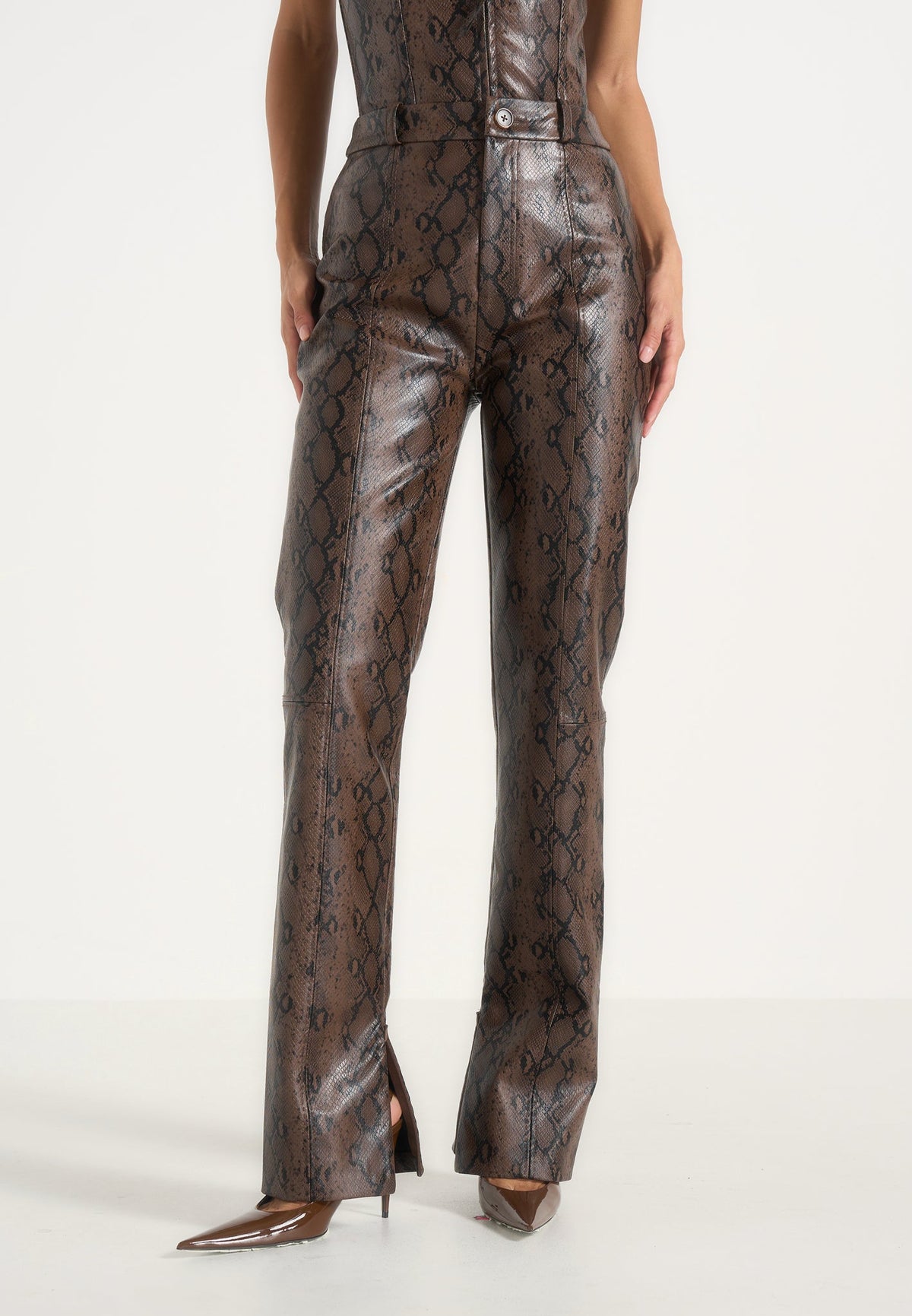 Lucia - Python Straight Leg Trousers - Brown