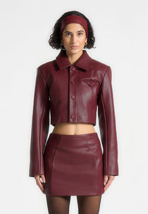 Ania - Wide Shoulder Pebbled Leather Jacket - Wine Red