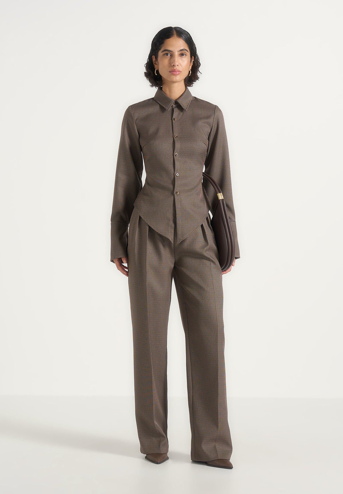 Sonia - Houndstooth Cinch Shirt - Brown