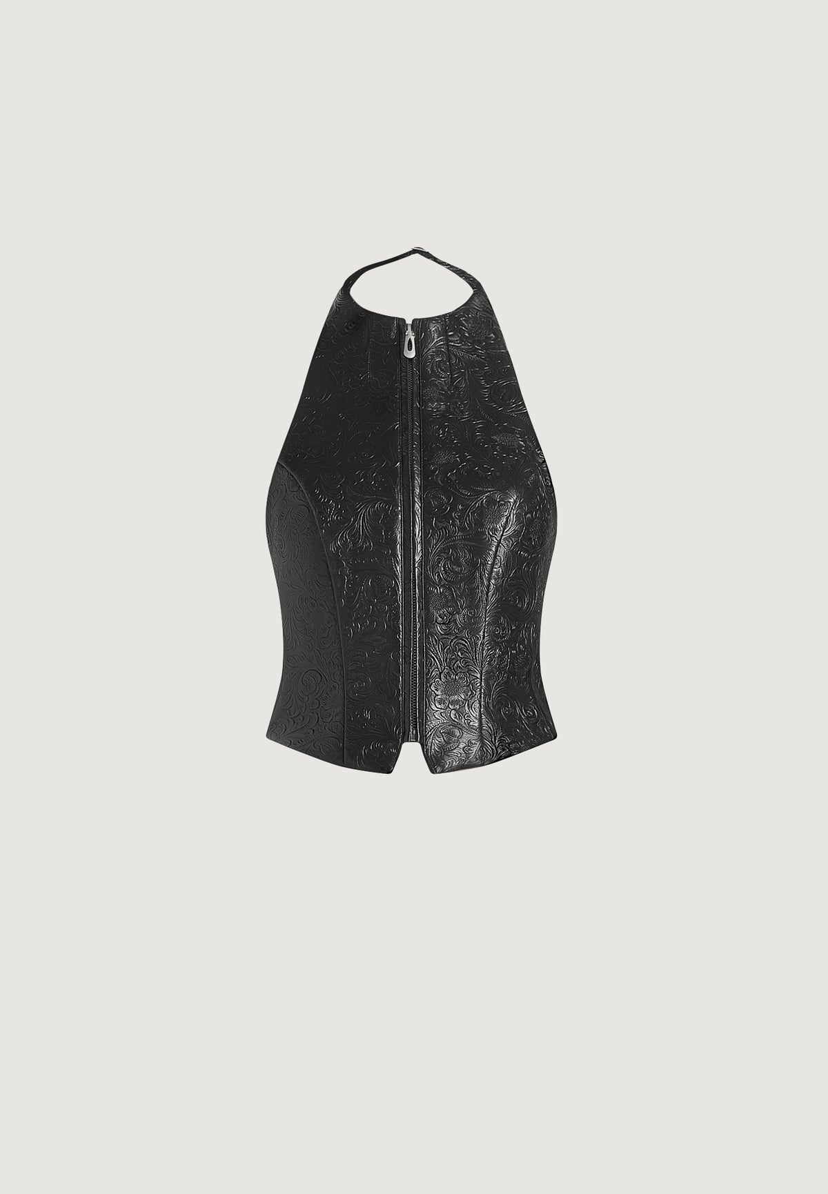 claudette-embossed-leather-halter-backless-top-black