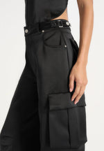 Emilie - Satin High Waisted Cargo Pants - Black