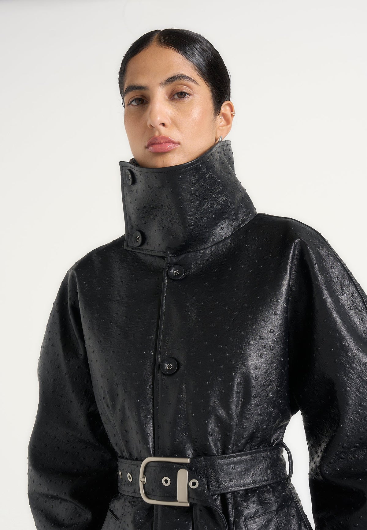 Leyna - Ostrich Hourglass Belted Coat - Black