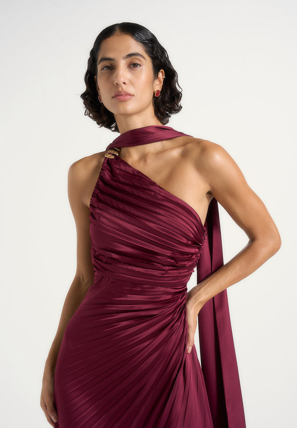 Aurelie - Pleated One-Shoulder Maxi Dress - Wine Red