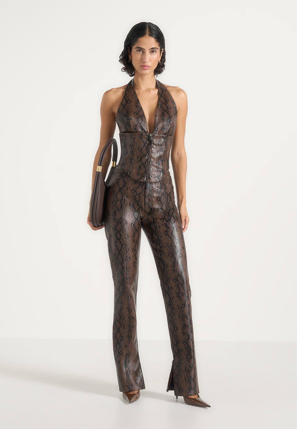 Sloane - Python Halter Corset Top - Brown