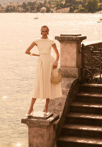 Gaia - Linen Boat Neck Belted Pleated Midi Dress - Natural