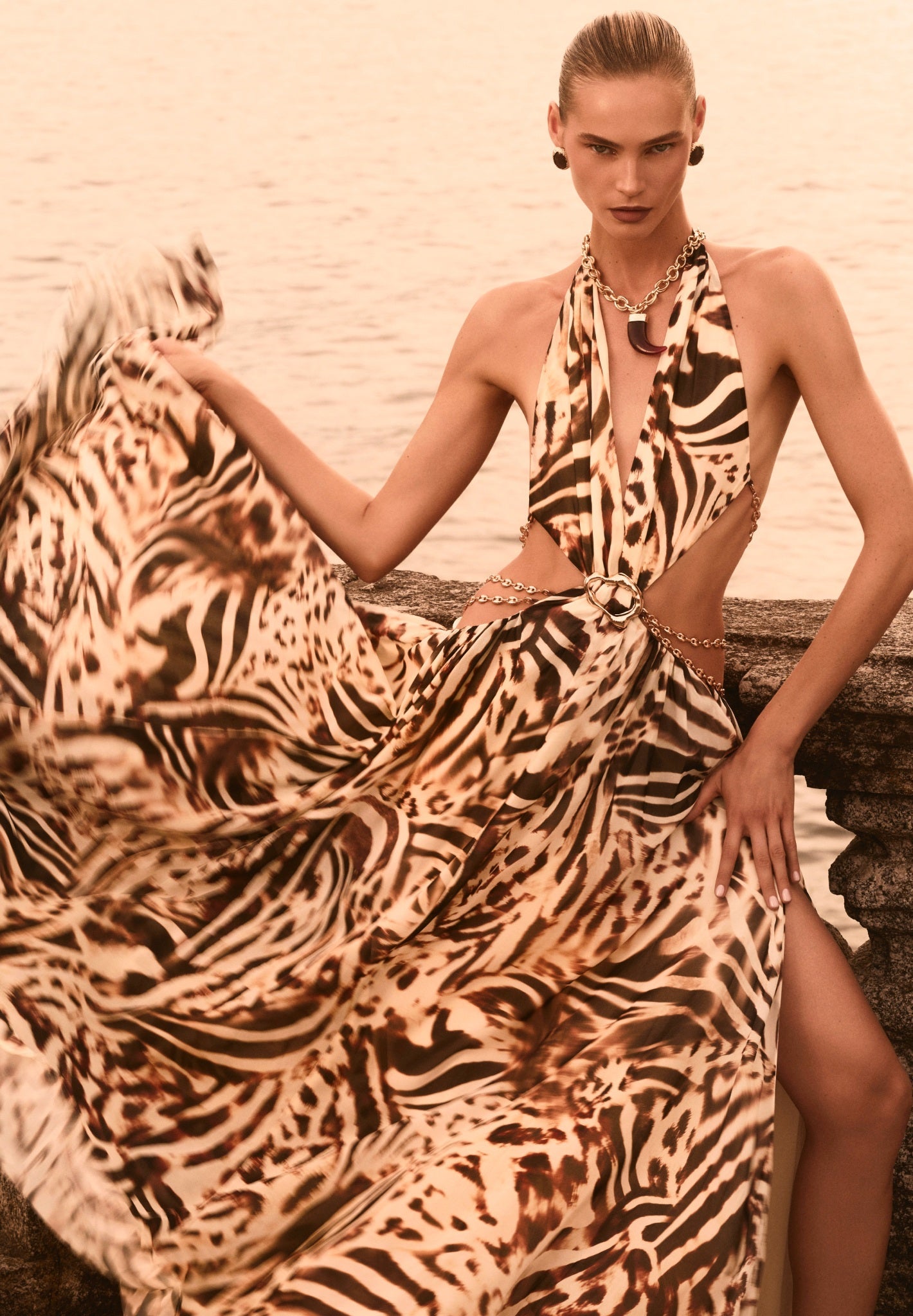 June - Chain Belt Cut-Out Georgette Halter Maxi Dress - Animal