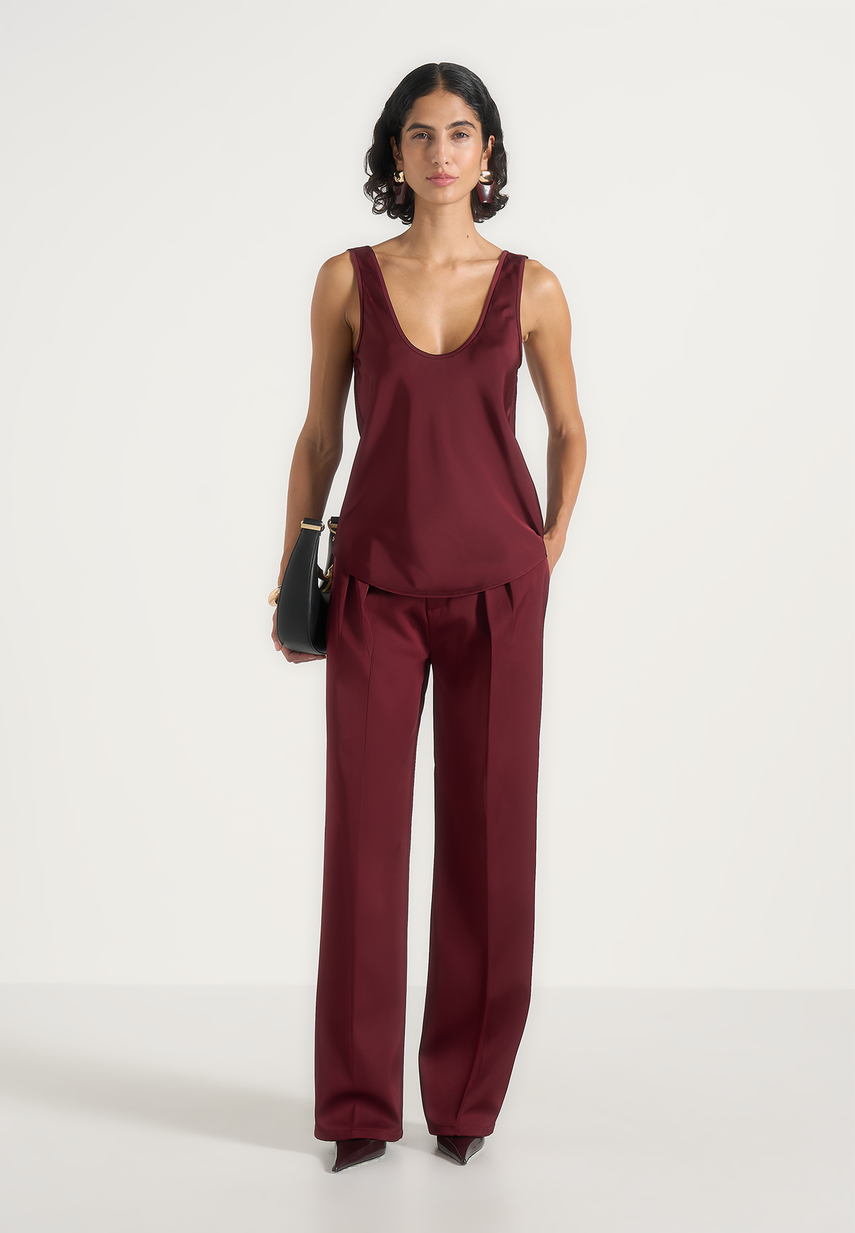 Julie - Satin Twin Pleat Trousers - Wine Red