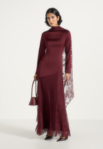 Miriam - Asymmetric Satin & Lace Maxi Dress With Lace Scarf - Wine Red