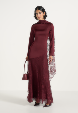 Miriam - Asymmetric Satin & Lace Maxi Dress With Lace Scarf - Wine Red