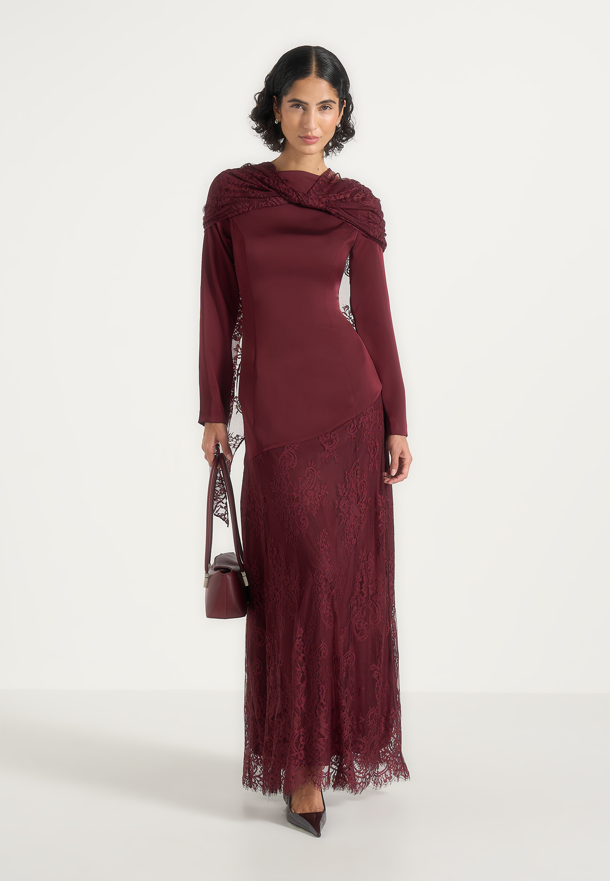 Miriam - Asymmetric Satin & Lace Maxi Dress With Lace Scarf - Wine Red