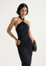 Amalia - Halter Ruched Hip Hardware Maxi Dress - Black