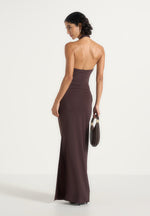 Amalia - Halter Ruched Hip Hardware Maxi Dress - Brown