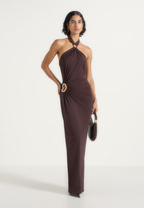 Amalia - Halter Ruched Hip Hardware Maxi Dress - Brown