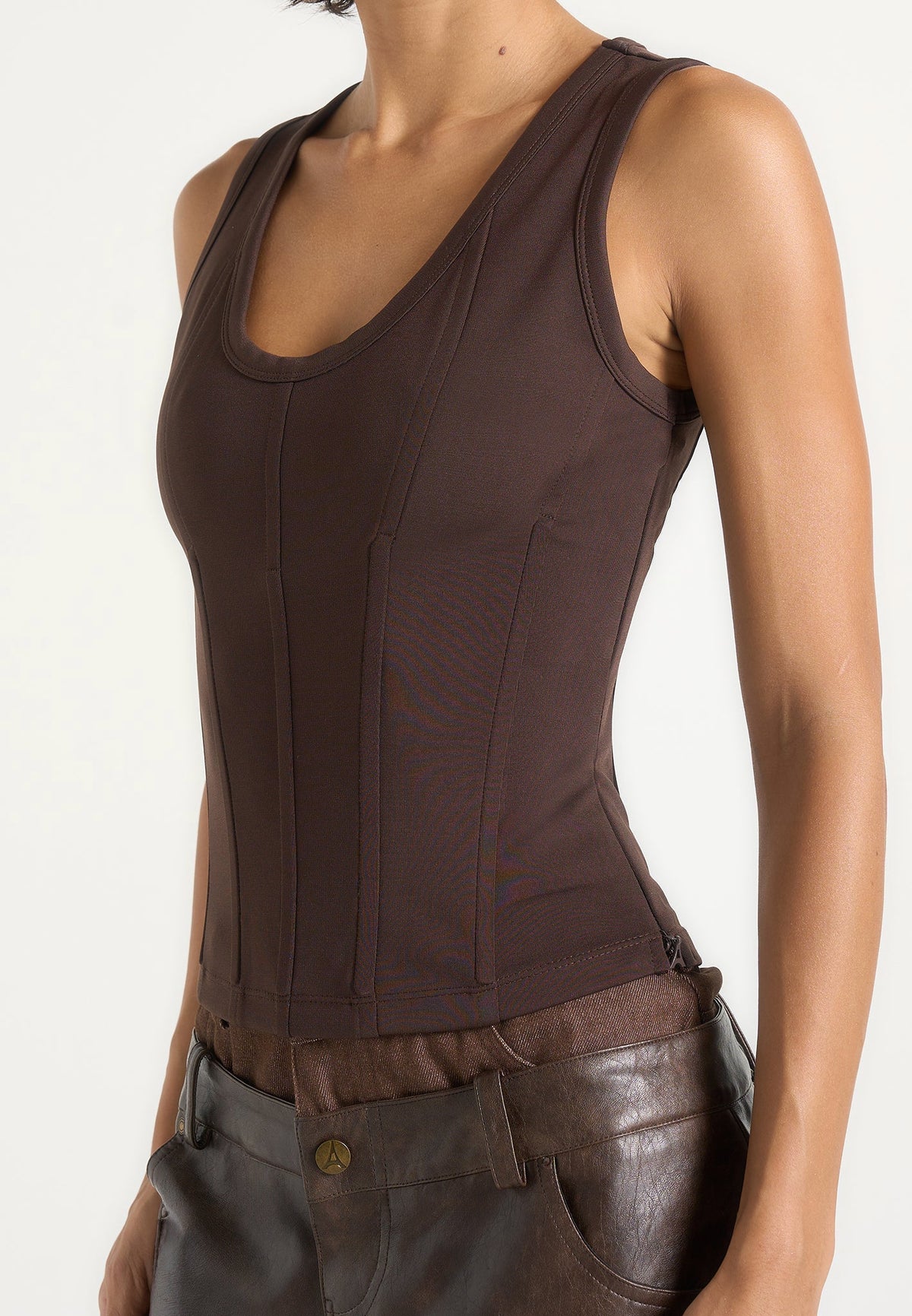 Tess - Corset Seam Tank Top - Brown
