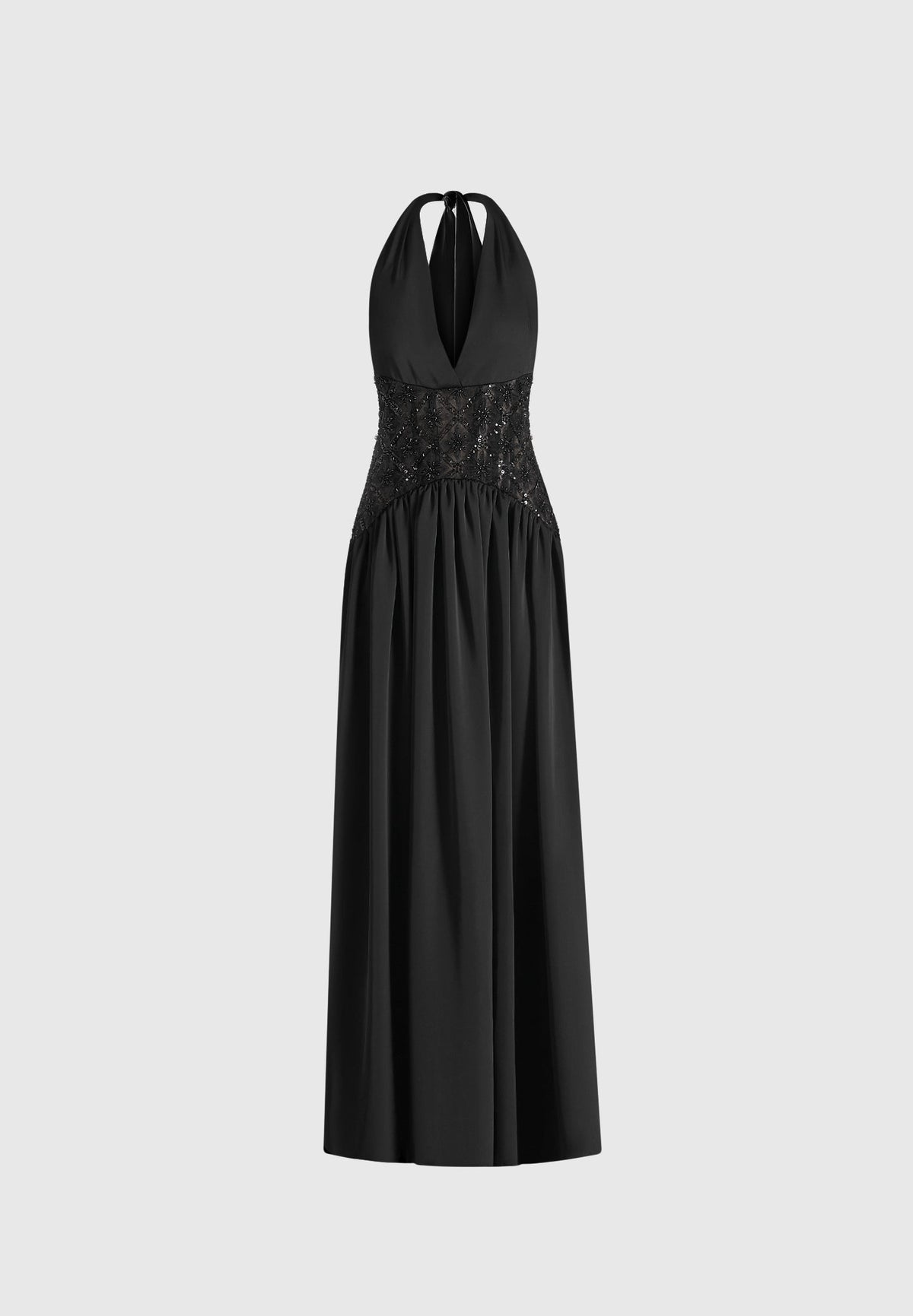 Ava - Halterneck Embellished Corset Gathered Maxi Dress - Black