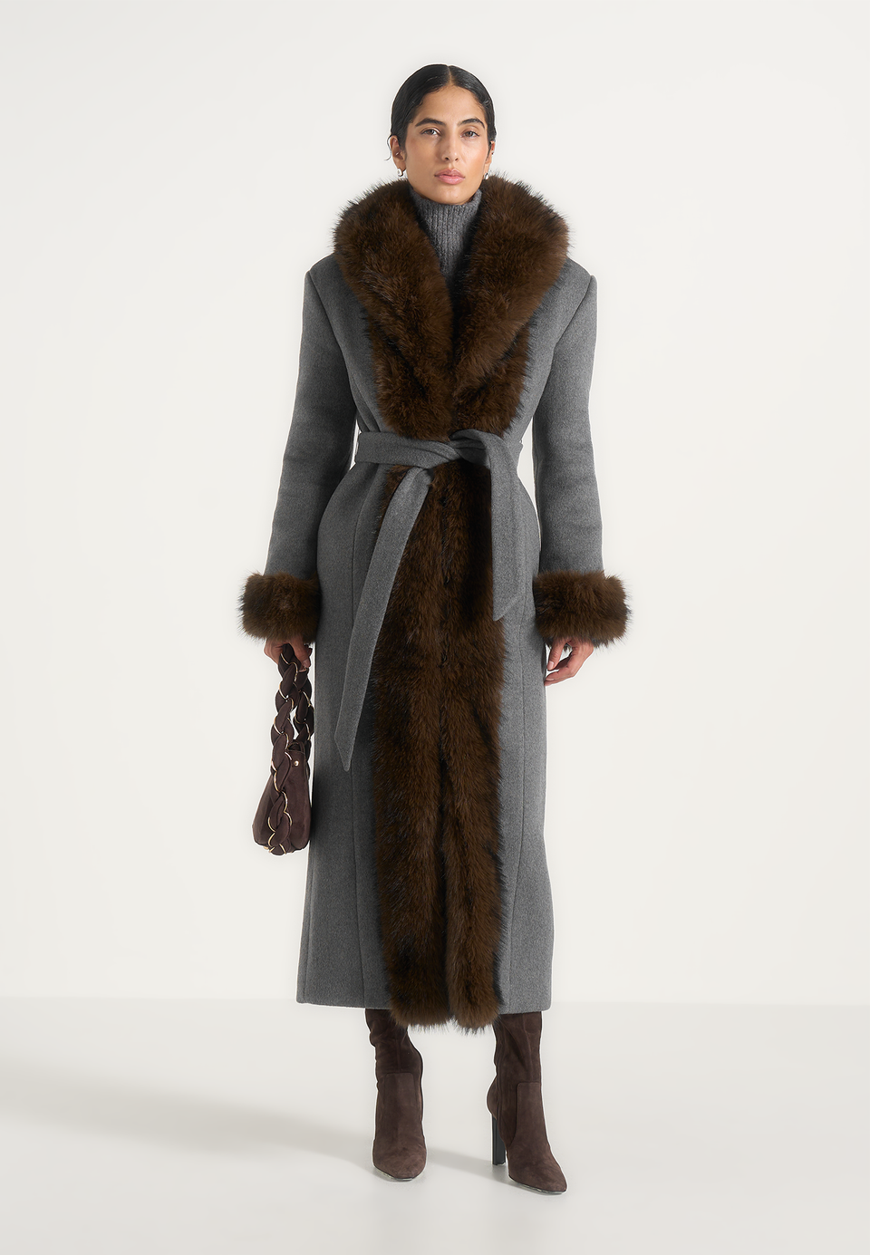 Kate - Fur Trim Belted Wool Maxi Coat - Grey