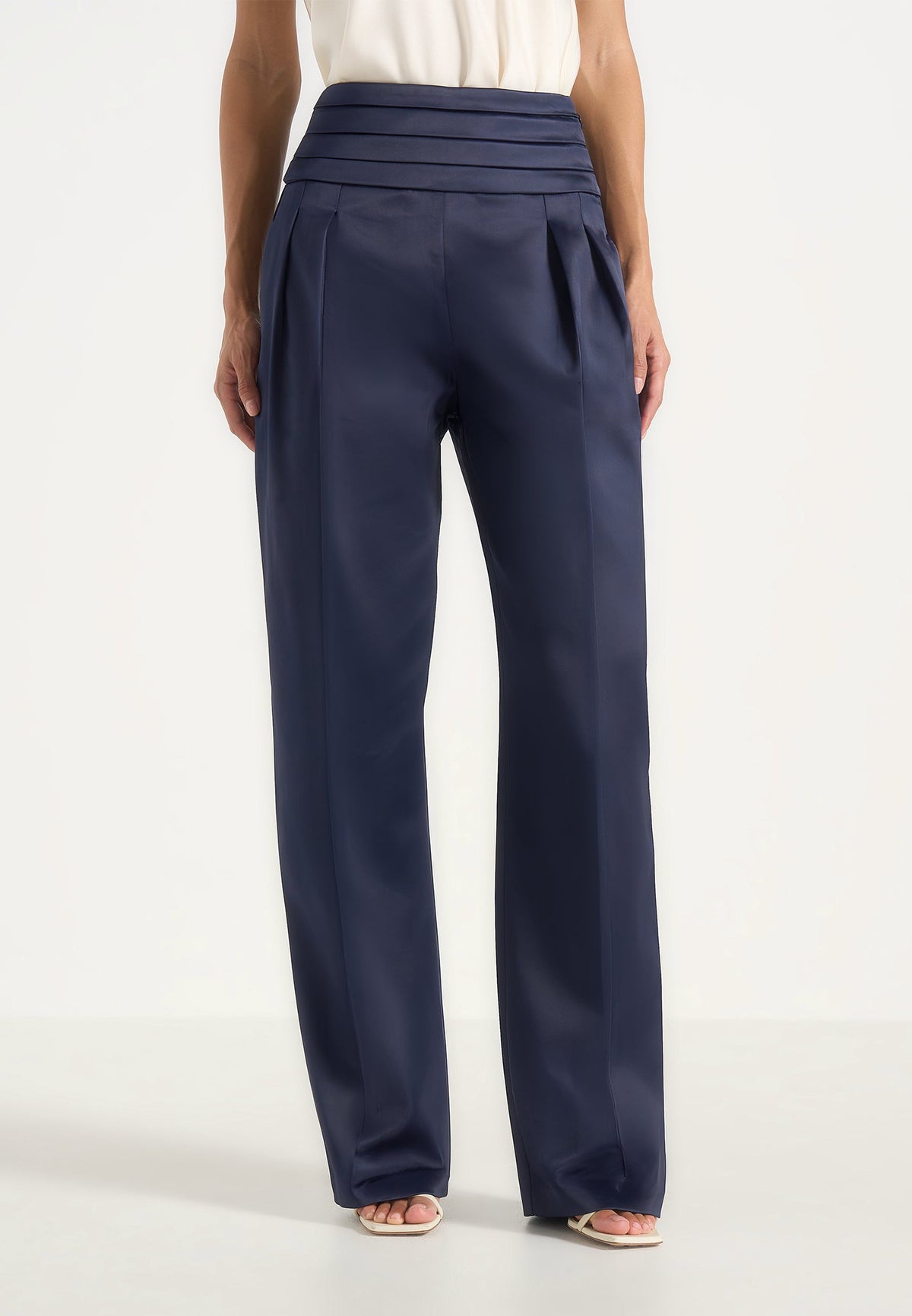Fallon - Pleated Waistband Straight Leg Trousers - Navy