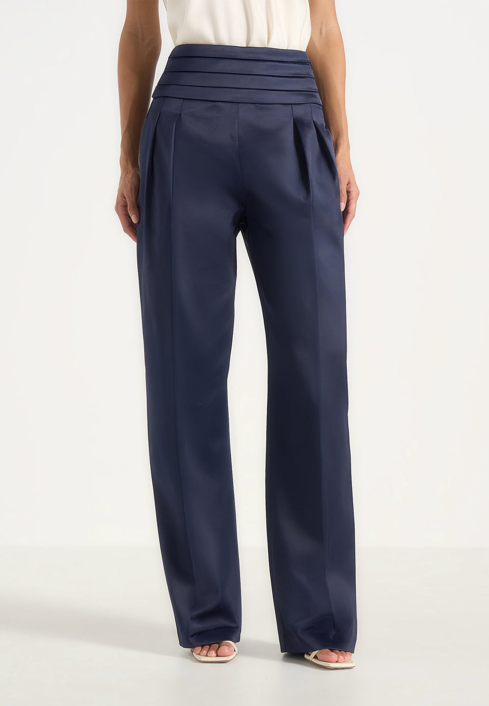 Fallon - Pleated Waistband Straight Leg Trousers - Navy