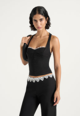 Lise - Lace Trim Wool-Blend Halter Corset Top - Black