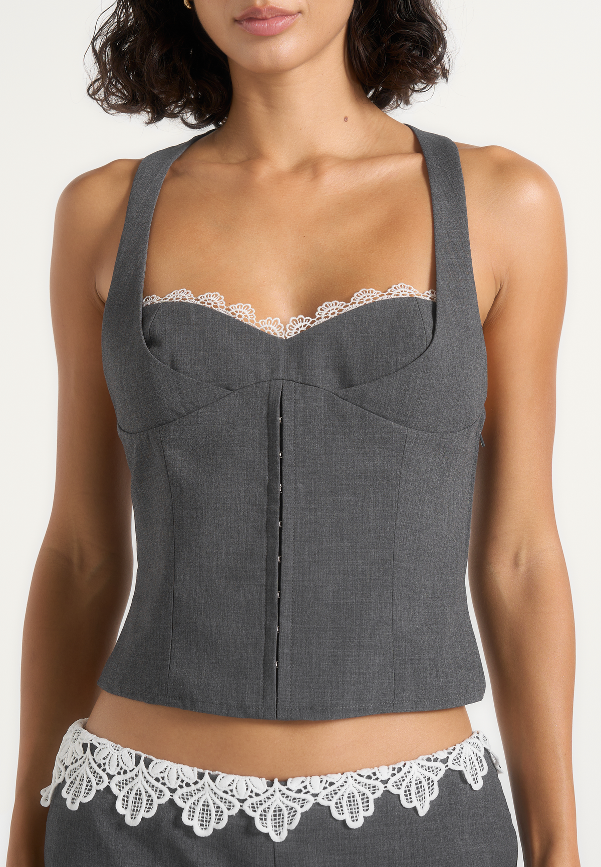 Lise - Lace Trim Wool-Blend Halter Corset Top - Grey