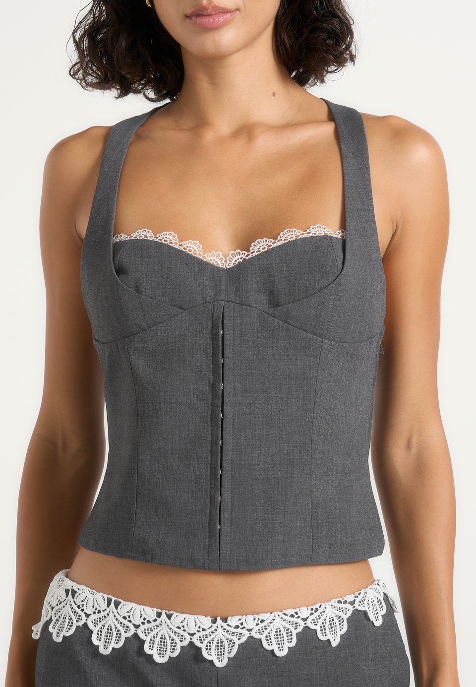 Lise - Lace Trim Wool-Blend Halter Corset Top - Grey