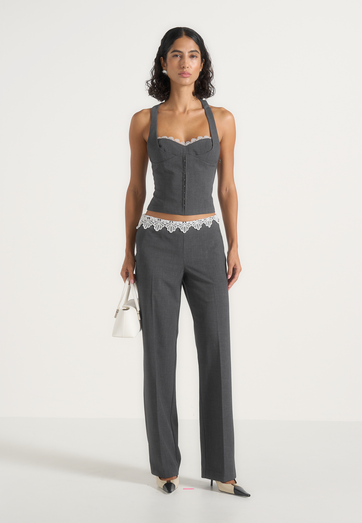 Jocelyn - Lace Waistband Tailored Wool-Blend Trousers - Grey
