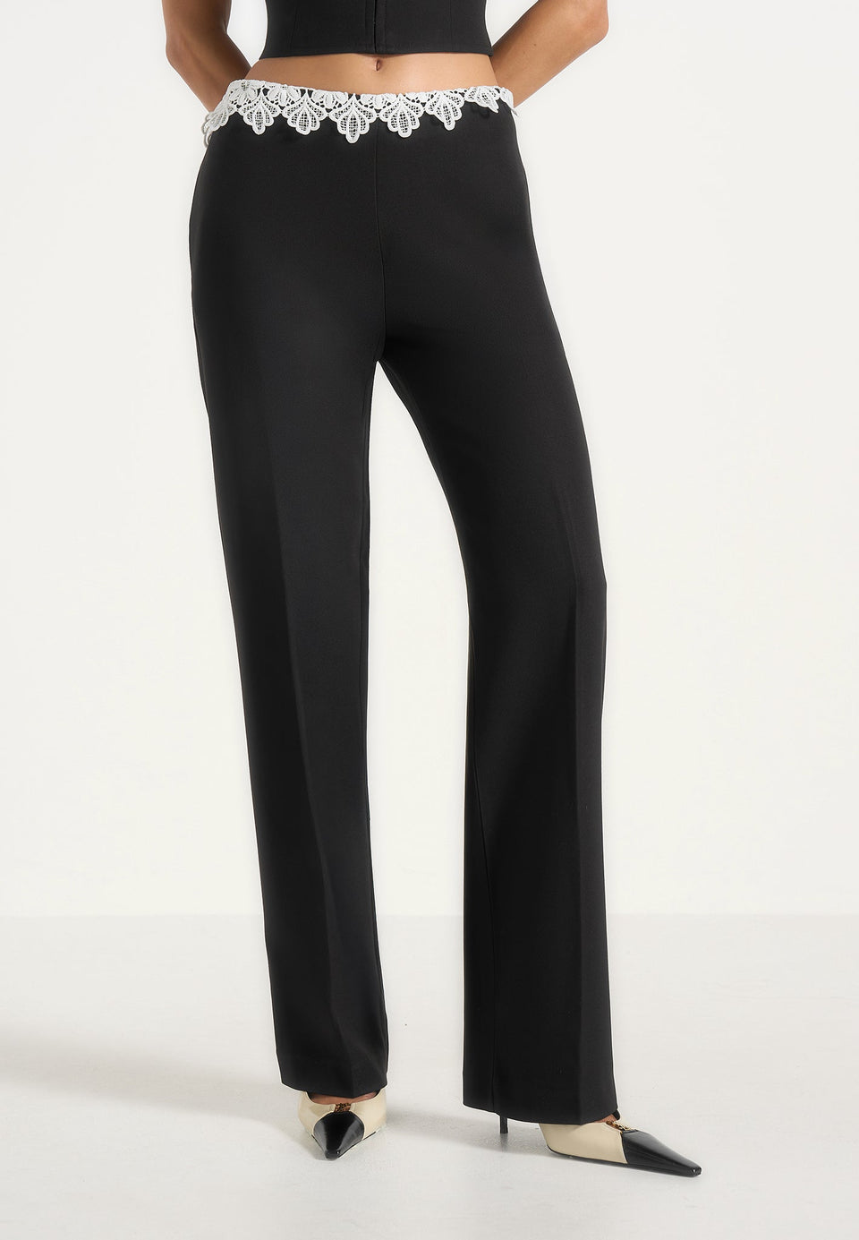 Jocelyn - Lace Waistband Tailored Wool-Blend Trousers - Black