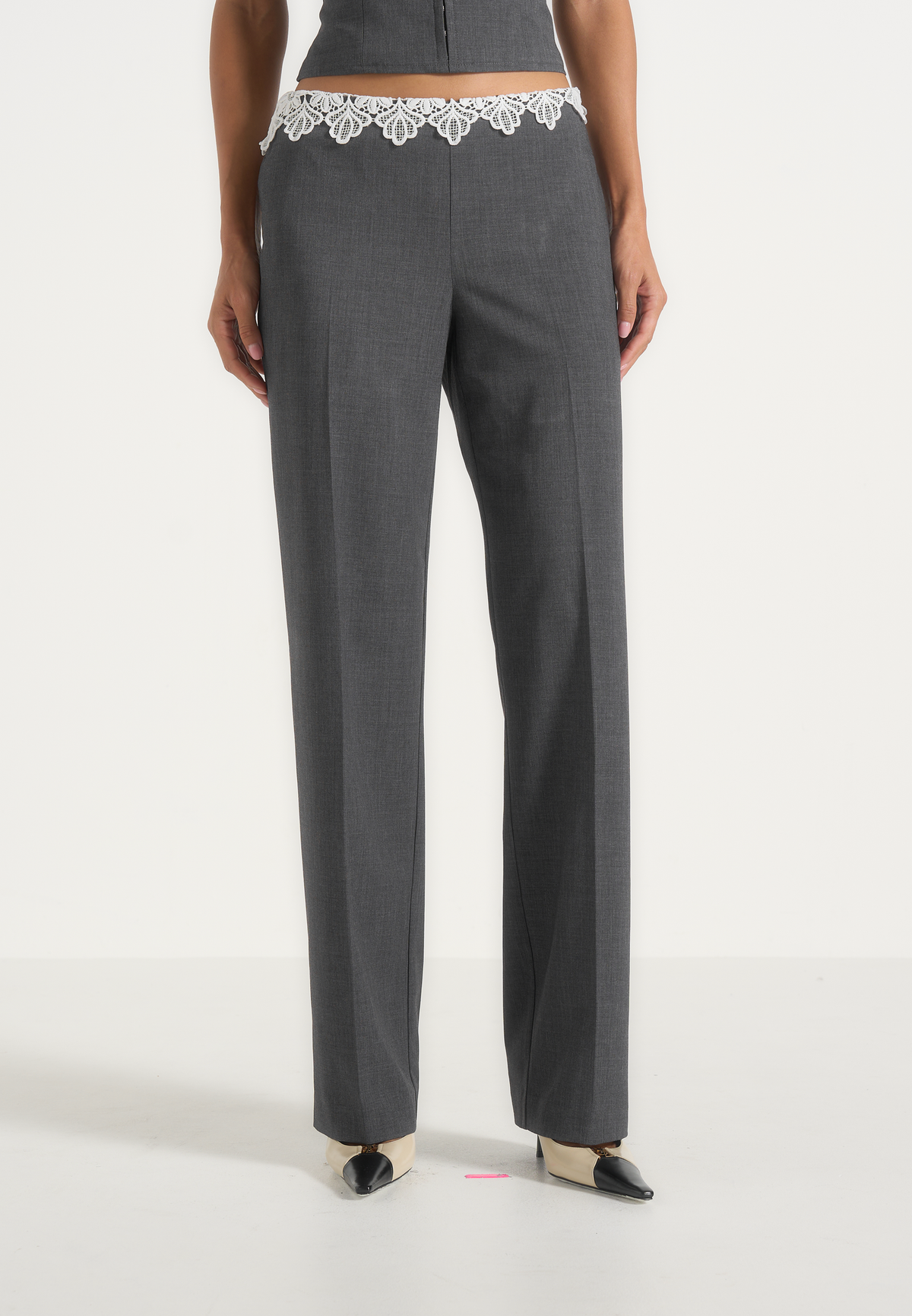 Jocelyn - Lace Waistband Tailored Wool-Blend Trousers - Grey