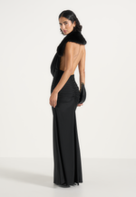 Betsy - Fur Stole Cowl Neck Maxi Dress - Black