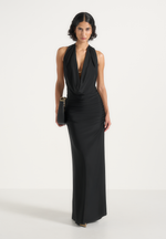 Betsy - Fur Stole Cowl Neck Maxi Dress - Black