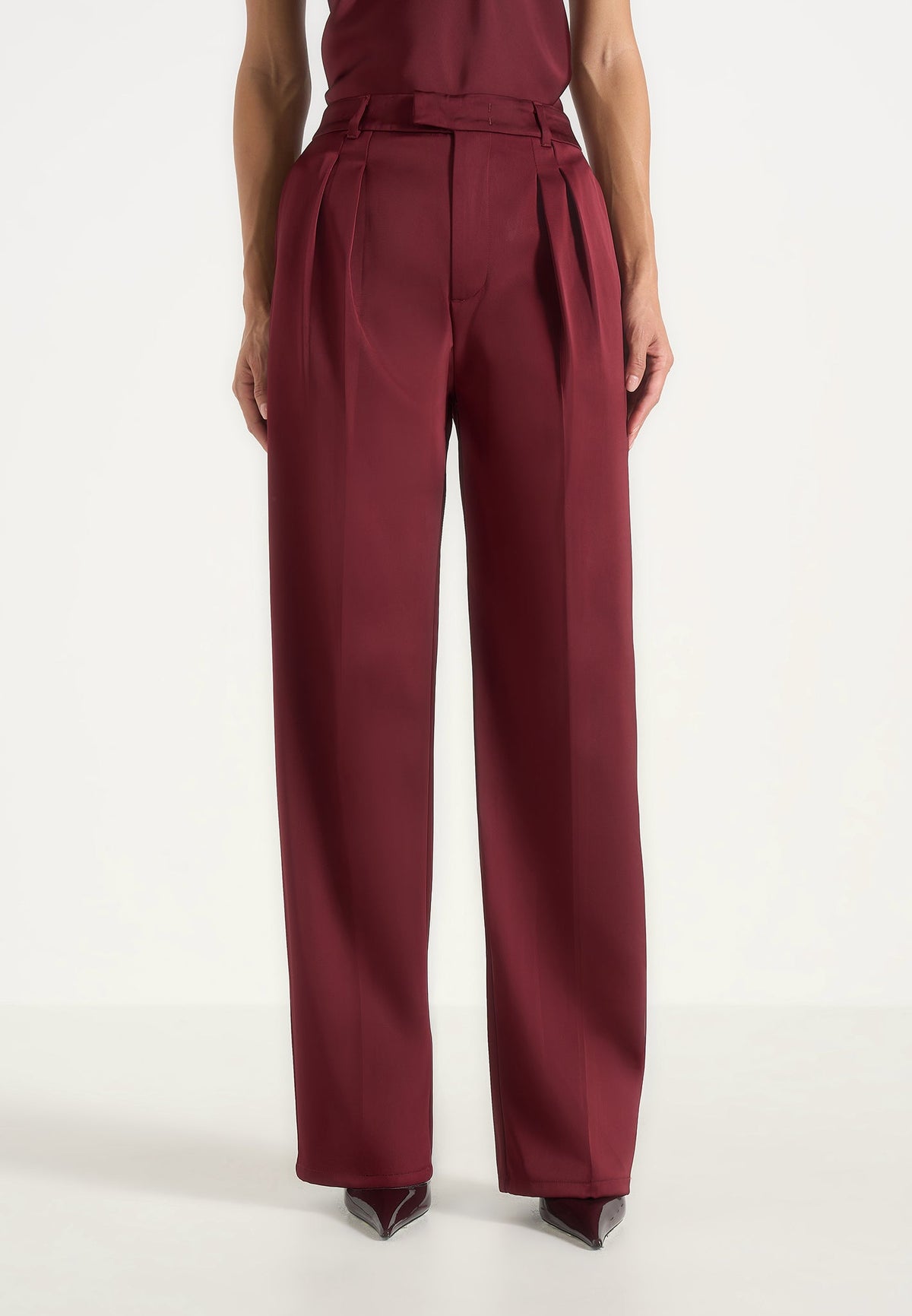 Julie - Satin Twin Pleat Trousers - Wine Red