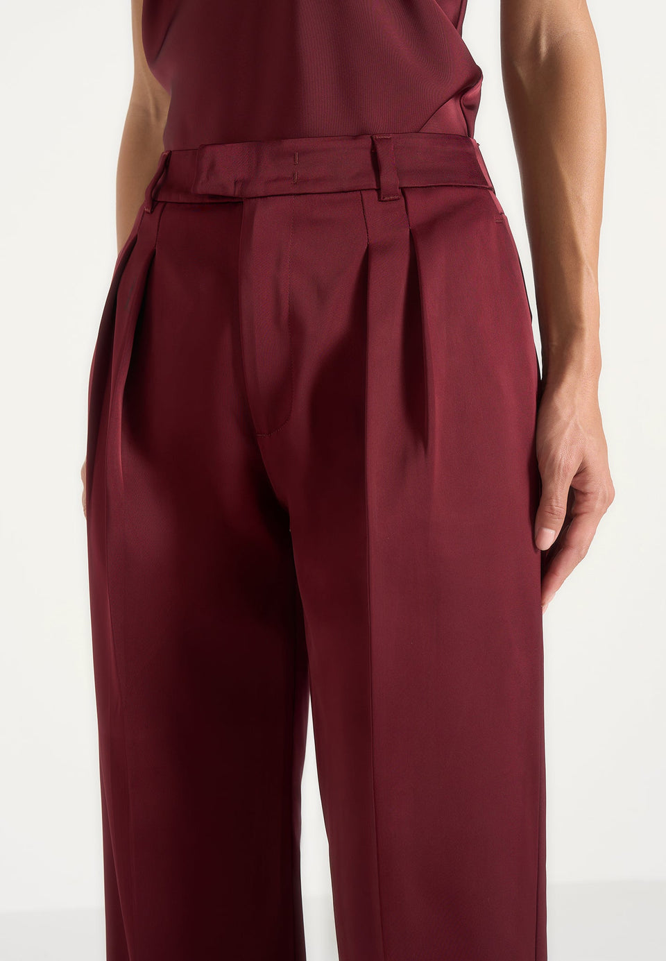 Julie - Satin Twin Pleat Trousers - Wine Red