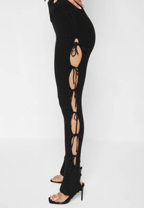 Knitted Lace Up Leggings with Stirrups - Black
