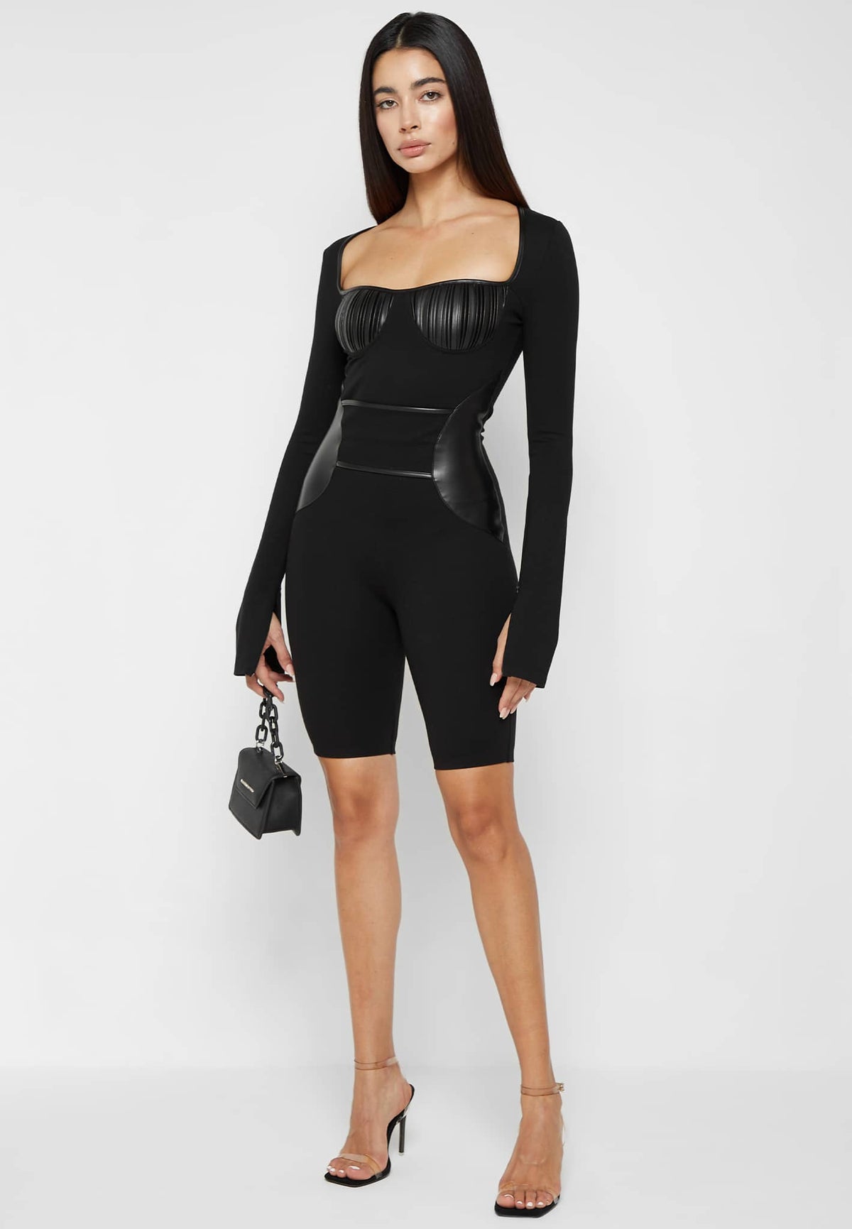 Pleated Leather & Bandage Playsuit - Black