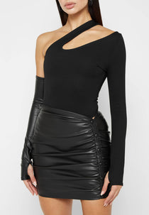 Asymmetric Bodysuit with Leather Sleeve - Black