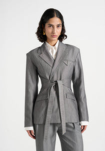 Delphine - Pinstripe Wrap Tie Blazer - Grey