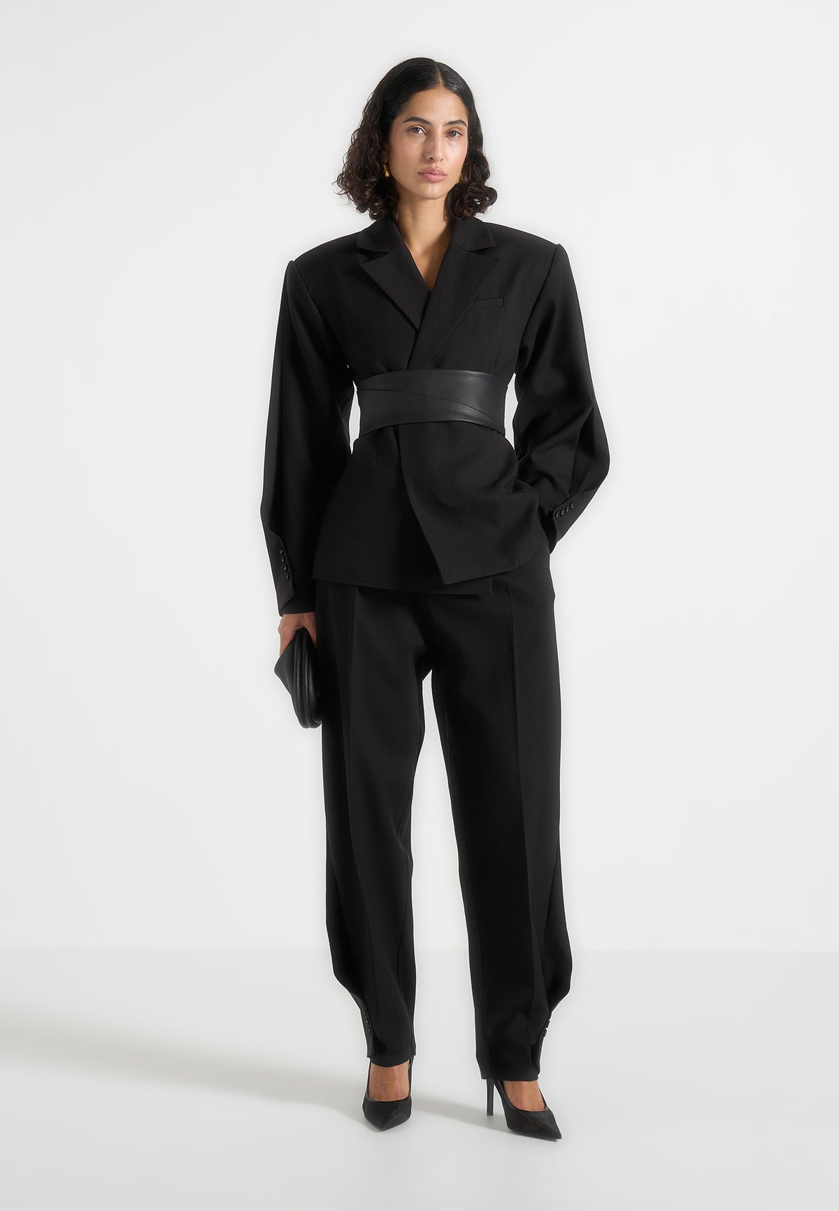 Marie - Twist Sleeve Blazer with Belt - Black